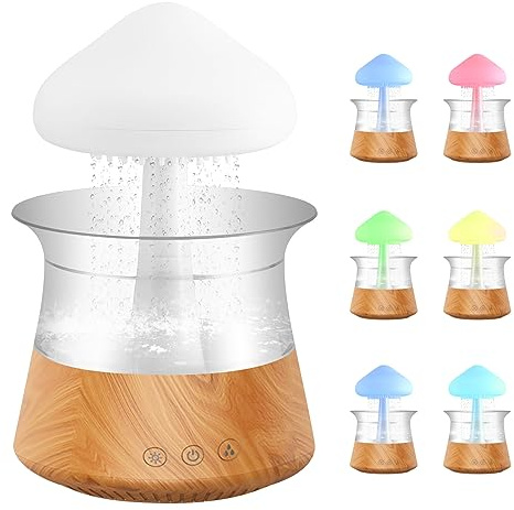 3 en 1 Rain Cloud Humidifier, Humidificador de Champiñones Nubes de Lluvia, Aromaterapia Piloto con 7 Colores Cambiantes Luces de Sonido y 3 Modos de Lluvia (Grano de Madera)