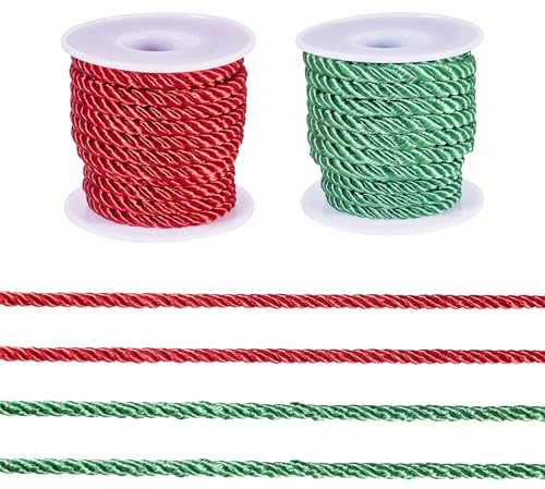 PandaHall Makramee-Kordel aus Polyester, gedreht, 5 mm, 3-lagig, geflochtenes Besatz, rot, grün, dekorative Schnüre für Vorhang-Raffhalter, hängende Tasche, Weihnachtsdekoration, 2 Rollen