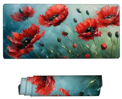 Gaming Mouse Pad Red Mouse Mat, Waterproof Mousepad Poppy Desk Mat Large 59.06x31.51x0.12 in, Non Slip Desk Mat, Stitched Edges Gaming Mouse Mat, Improved Precision and Speed, Desk Accessories JH-198