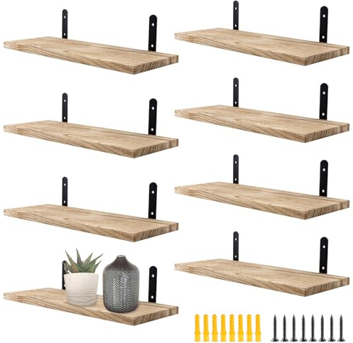 MAHIONG 8 PCS Wooden Shelves for Wall, Floating Wood Shelves with Screws, Wall Mounted Rustic Wall Shelf for Bathroom, Kitchen, Bedroom, Living Room, Workshop, 40 x 15 x 1.5cm