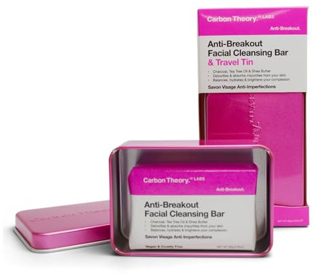Carbon Theory Anti-Breakout Face Bar 80g with Travel Tin | Shea Butter Enriched Soap Bar for Oily Skin that Removes Impurities and Hydrates While Regulating Excess Oils.
