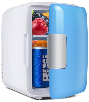 Sinbide Mini Frigo de Chambre 4L, AC/DC Brancher, Pour Voiture 12V 240V pour Camping, Petit Skincare Réfrigérateur Comestique Silencieux, Glacière Portable de Beauté, Garder Froid, 6 Canettes (Bleu)