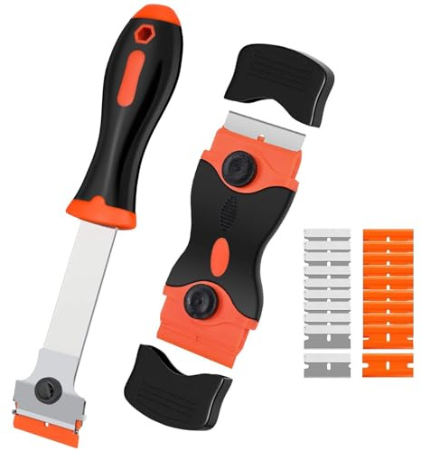 Wesoke Set di 2 raschietti per finestre, raschietto a doppio taglio, raschietto per finestre con manico lungo con 10 lame in metallo e 10 lame in plastica per vernice, adesivo