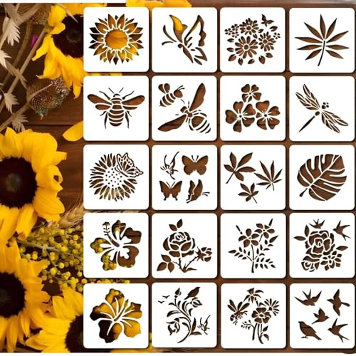 20 Stück Blumen-Malschablonen Set, Zeichnung Malschablonen DIY Schablonen der Vogel Biene Schmetterling Libelle Blume, Vorlagen für Scrapbooking Holz Möbel Leinwand Deko