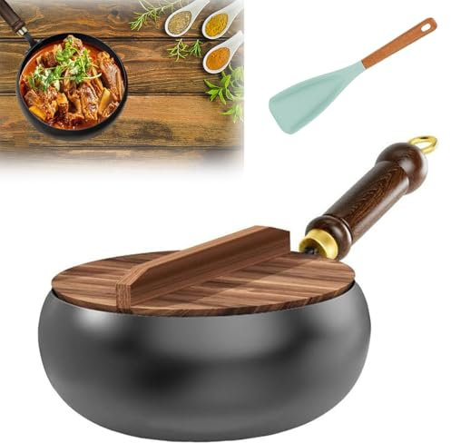 Poêle japonaise en fer forgé à la main avec couvercle en bois, poêle en fonte non revêtue de 24 cm/28 cm/30 cm de diamètre, pour cuisinières à gaz naturelles et plaques à induction (avec couvercle, 24