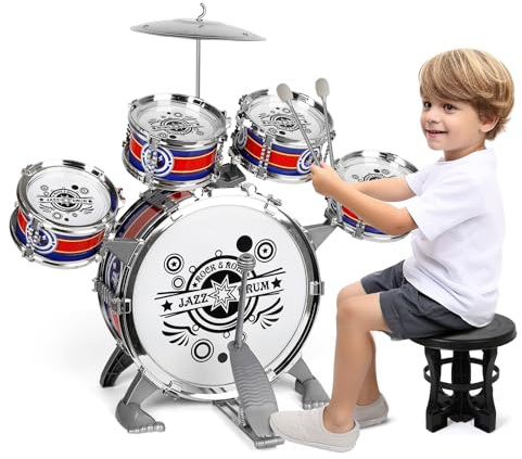 Batteria per Bambini, Set Batteria Jazz Strumento Musicale 5 Tamburi per Principianti, Musicale Percussione Giocattolo Compleanno Natale Regalo per Bambini 3 4 5 6 Ragazzi e Ragazze