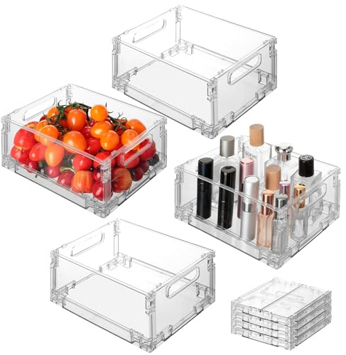 VINATO Set Da 4 Organizer Frigorifero, Contenitori Frigo Trasparenti, Impilabile, Senza BPA - Organizer Cucina, Organizer Bagno- Per Alimenti, Cosmetici E Articoli Da Ufficio