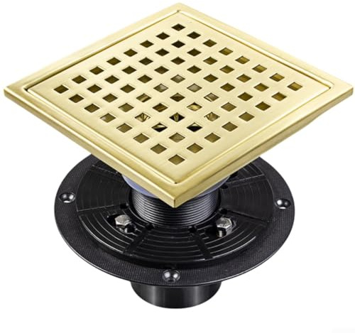 SMZhomeone Brushed Gold Square Shower Drain Floor Grate 304 Stainless Steel Bathroom Drain With Flange (6 Inch)