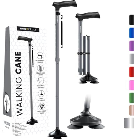HONEYBULL Walking Cane for Men & Women Foldable, Adjustable, Heavy Duty, Free Standing, All Terrain, Collapsible Walking Sticks for Seniors & Adults (Gray)
