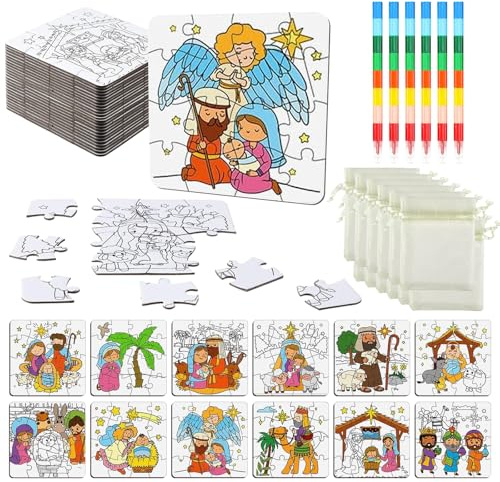 TECHEEL 24 Stück Puzzles zum Bemalen Puzzles Selber Gestalten Blanko Puzzle Zum Bemalen Puzzle Selbst Gestalten Geburtstag Weihnachten Geschenke (Die Geburt Jesu)