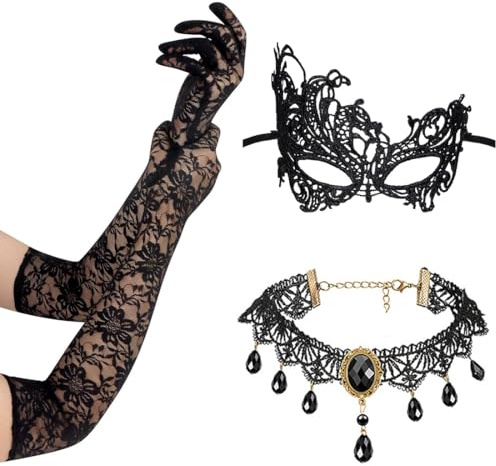 Accessoires d'Halloween pour femme, 3 pièces accessoires pour costume steampunk d'Halloween, gants gothiques, masque en dentelle et collier, costume de vampire pour femme, pour Halloween, carnaval