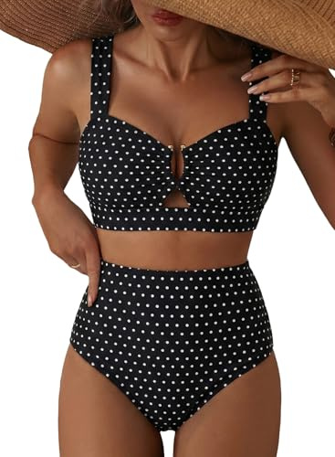 Herseas Women's U Wire Cutout Bikini Sets High Waisted Floral Print 2 Piece Swimsuit Flattering V Neck Push Up Padded Bathing Suits Chic Beach Vacation Essentials Black with White Dots Large