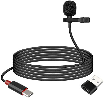 GELRHONR USB C Lavalier Microphone, Type-C Lapel Microphone Wired with USB A Adapter, 48kHz/24bit, Compatible with PC,Laptop, Phone for Video Recording, Live Streaming and More, 4.9FT
