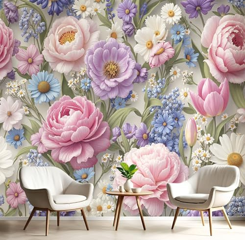 Carta da Parati Fotografica, Carta da Parati Murale con Stampa Acquerello Fiori Selvatici Realistici Fiori 3D, 250Lx175A cm Colorato Fotomurali Bagno Wallpaper Cucina Camera Decorazione Murali