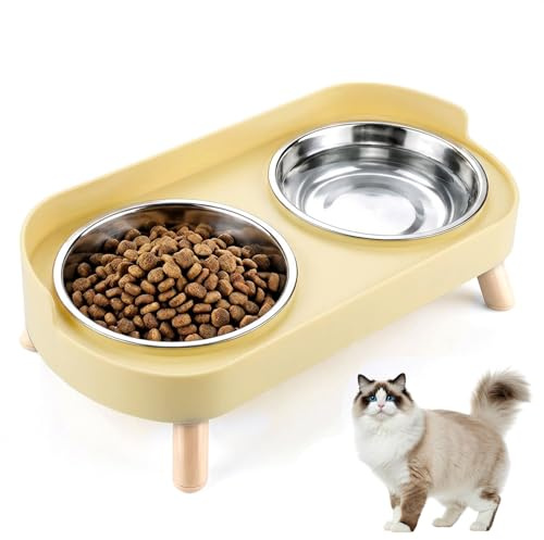 2 x Katzennapf Erhöht - Erhöhter Katzen Napfset Edelstahl Doppelt Katzennäpfe mit Ständer und Spritzschutz rutschfeste Fressnapf Katze Napf - Futternapf Wassernapf Set für Katzen & Kleine Hunde - Gelb