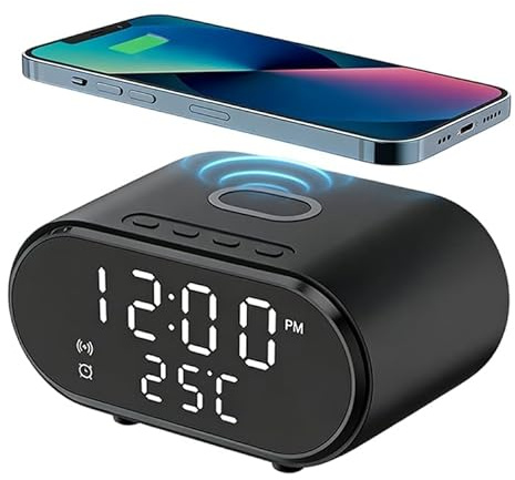 XOMIUHL Alarm Clock Bedside Wireless Charger 2-in-1, 15W Fast Wireless Charging Alarm Clock, LED Display with Temperature & 5 Brightness Levels, Smart Digital Clock for Bedroom/Office/Dorm (Black)