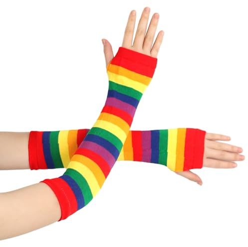 Tourima Rainbow Fingerlose Pride Sleeves, Regenbogen Handschuhe, Niedliche Elastische Armstulpen, Gestreifte Clown Handschuhe, Regenbogen Kostüm Kinder, Tägliche Gebrauch Pride Month Parade Party Deko