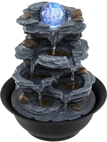 COSTWAY Indoor Water Fountain, Tabletop Indoor Water Feature with Rolling Crystal Ball, Color-Changing LED Light & Adjustable Flow, Desktop Waterfall Fountain, 3 Pin UK Plug Included