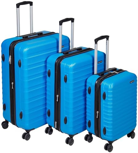 Amazon Basics Set Valigie Rigide (Piccola + Media + Grande) - Bagagli Espandibili ABS con 4 Ruote Doppie Girevoli - Resistenti ai Graffi e Leggeri - Azzurro
