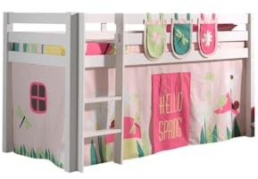 Spielbett Pino mit Textilset Vorhang und 3 Taschen Spring, Kiefer massiv weiß lackiert