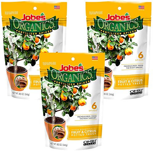Jobe's Organics Picos de fertilizante para árboles frutales y cítricos, 3-5-5 fertilizantes de liberación de tiempo para todos los contenedores o árboles frutales de interior, 6 picos por paquete (3)