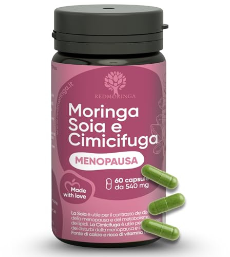 Integratore Cimicifuga Menopausa con Moringa BIO e Estrogeni Naturali contro le Vampate di Calore | Formula Menopausa Avanzata | Isoflavoni di Soia, B12, D3, B6, Salvia | 60 Capsule Veg. - RedMoringa
