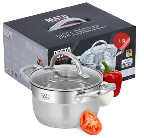 RESTO Edelstahl 18/10 Kochtopf Suppentopf Bratentopf - für alle Herdarten - Topf mit hitzebeständigem Glasdeckel, Messskala im Geschenkkarton (⌀16, h = 9,5 cm, 1,6 l)