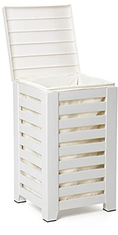 TATAY Panier à Linge 55L | Sac Intérieur Lavable Inclus | Montage Facile en 5 Minutes | Polypropylène Résistant | Design Moderne et Élégant | Corbeille Effet Bois | 34 x 34 x 58 cm - Blanc