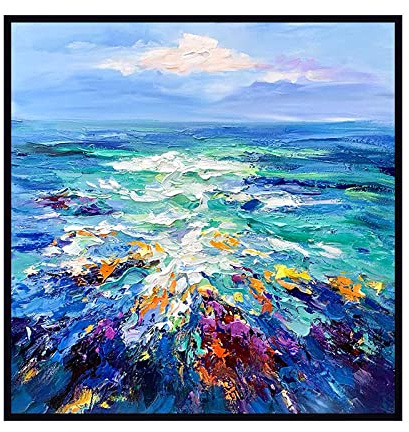 YMXCNM Ölbilder Auf Leinwand Handgemalt,Moderner Künstler Malte Abstrakt Dunkelblau Meer Ölgemälde Auf Leinwand Wandkunst Rahmenloses Bild Dekor Für Wohnzimmer Hausgeschenk