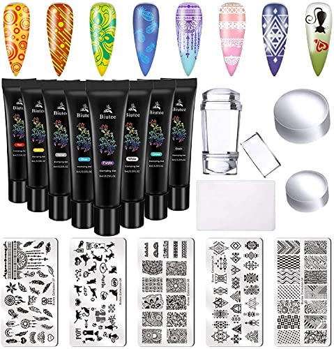Biutee Nail Stamp Kit with Stamper and Scraper,8 Colors Nail Stamping Polish Gel and 5pcs Nail Stamp,Nail Template for Nail Salon Designs Nail Image Stamp Plates Manicure Templates Nail Art Tools