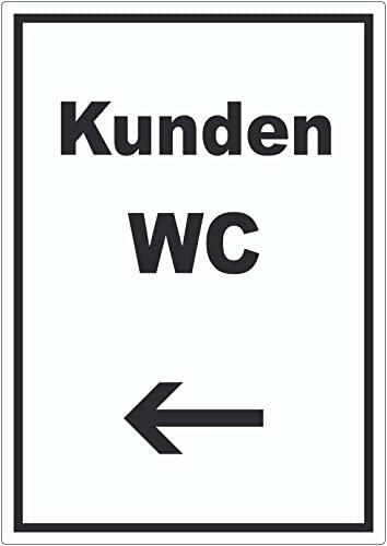 Kunden WC Aufkleber mit Text und Richtungspfeil links Toilette hochkant A8 (52x74mm)