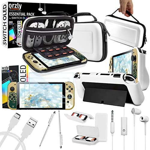 Orzly Kit accessoires pour Nintendo Switch Oled Accessories Essentials Pack Étui et protecteur d'écran Comfort Grip Cover Câble de chargeur pour écouteurs Support de jeux et plus encore - Édition OLED