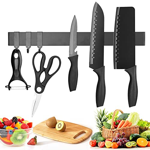 Mokylor 2 Stück Magnetischer Messerhalter für Wand, 40,6 cm Edelstahl-Magnetstreifen für Messer, magnetische Messerstange mit 3 Haken für Küchenzubehör