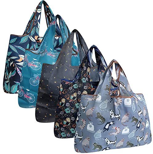 allydrew Large Foldable Tote Nylon Reusable Grocery Bags, 5 Pack, Nighttime Adventures