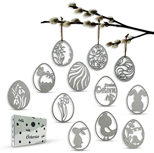 Birdart Box® 12x Ostereier zum Aufhängen – Osterdeko aus Holz, moderne Ostereier in premium Qualität 7cm (Silber)