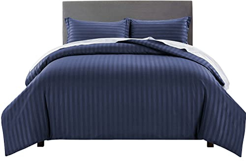 Yorkshire Bedding King Size Duvet Cover Sets Stripes Satin Hotel Quality Bedding Set with Pillowcases Soft Microfiber Duvet Covers (Navy 230x220 Cm)