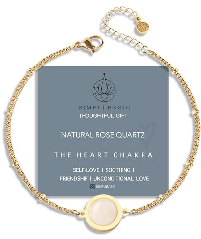 SIMPLÍ BASIC 18K Gold Plated Rose Quartz Beaded Charm Bracelet | Adjustable Handmade Crystal Jewellery | Friendship & Good Luck Bracelet | Unique Gifts for Women | Gift Box Included