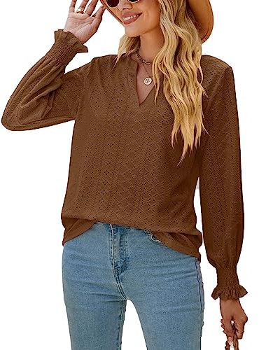 Womens Autumn Tops 2023 V-Neck Hollow Loose Tunic Long-Sleeved with Ruffle Casual T-Shirts,coffee,M