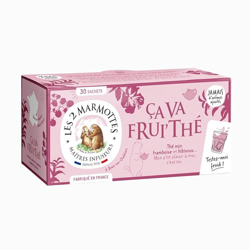 Les 2 Marmottes Thé Ça va Frui'thé - Thé noir BIO Framboise et Hibiscus - Energisant et stimulant - Pour le matin - 30 Sachets par boite - Made in France - 60g