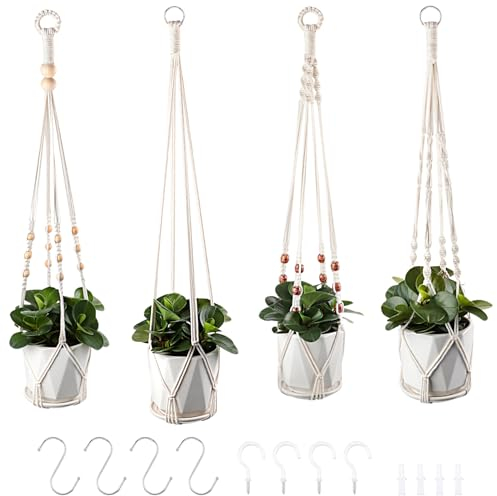 Petutu Lot de 4 suspensions en macramé - Décoration bohème - Pour pots de fleurs et plantes - Décoration intérieure et extérieure