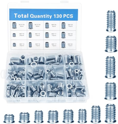 130 Pièces Insert Fileté, M6 M8 M10 Insert Fileté Bois, Manchons à Visser en Acier Galvanisé avec Boîte en Plastique, Écrous à Visser pour Meubles en Bois