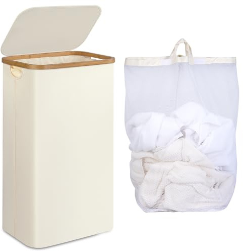 iEGrow Wäschekorb 75L, Wäschesammler Schmal mit Herausnehmbarer und Waschbarer Innentasche, Wäschekörbe Laundry Baskets mit Griffen für Kleidung, Spielzeug, Handtücher (Beige)