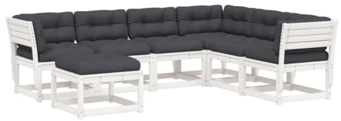 vidaXL Garten Lounge Set 7-TLG., Sofagarnitur mit Latten-Design, Gartengarnitur mit Kissen, Gartenmöbel Gartensofa Fußhocker, Weiß Massivholz Kiefer