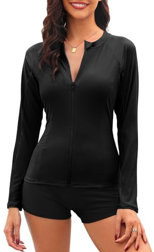 Tuopuda Camiseta de natación para Mujer Traje de baño de Manga Larga con Cremallera Camiseta de Surf Protección Solar Surf Rashguard Camisetas Deportivas de Secado Rápido(Negro-2,L)