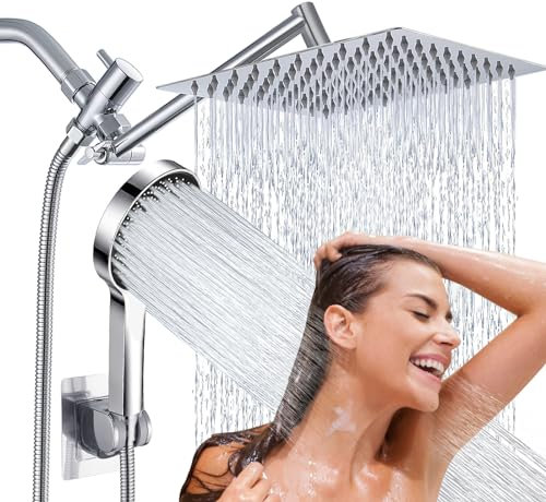 Cabezal de ducha, cabezal de ducha de lluvia de 8 pulgadas con rociador de mano con brazo de extensión ajustable de ángulo de 11 pulgadas, regulador de flujo/sistema de ducha, cromado