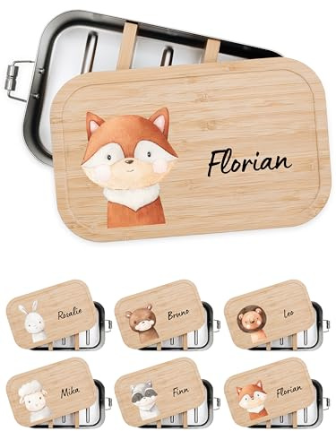 Bärenfreunde® - Personalisierte Brotdose für Kinder mit Spezial-Druck - Robuste Edelstahl Brotdose - Personalisierte Geschenke für Kinder & Erwachsene (Fuchs,klein Weißblech)