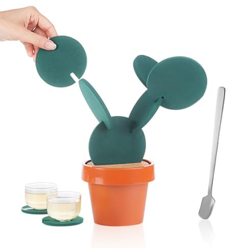 1 Set Di Sottobicchieri Cactus, 1 Cucchiaino Da Caffè, Sottobicchieri A Forma Di Cactus, Sottobicchieri Impilabili, Tappetini Antiscottatura Per Cucina E Ufficio