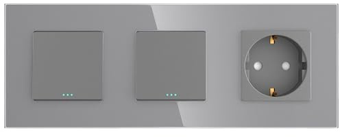 PULSAR Wechselschalter/Kreuzschalter/Steckdose Unterputz 3-Fach Glas Grau | Wechselschalter/Kreuzschalter/Steckdose Unterputz 3 Fach Glas Grau, Lichtschalter Doppelt mit Steckdose 10A/16A 250V