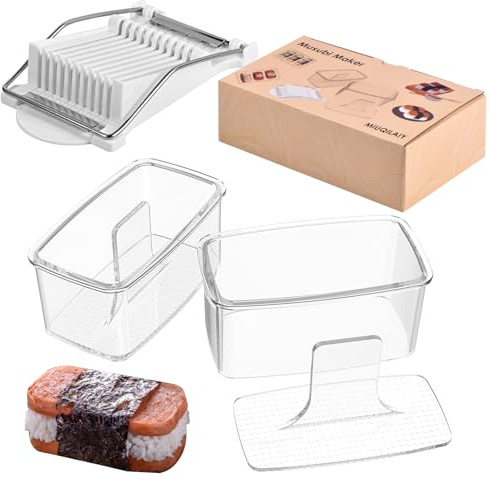 3-Piece Clear Musubi Maker Kit with Luncheon Meat Slicer - Non-Stick Onigiri Press Mold, BPA-Free Sushi Mold for Hawaiian Musubi