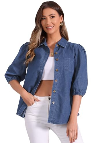 Allegra K Femme Chemise Denim Manches 3/4 Bouffantes Boutonnée Travail | Poches Boutonné Col Bureau Travail Réunion Printemps Été Quotidien Doux Confortable